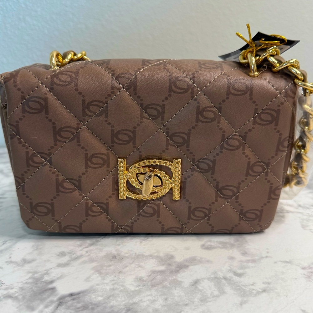 NWT Bebe LIV MONOGRAM Crossbody Bag Purse Taupe w Logo Vegan Faux MSRP $79.00